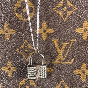 Beautiful Upcycled Louis Vuitton rhinestone lock on 16” STERLING SILVER chain